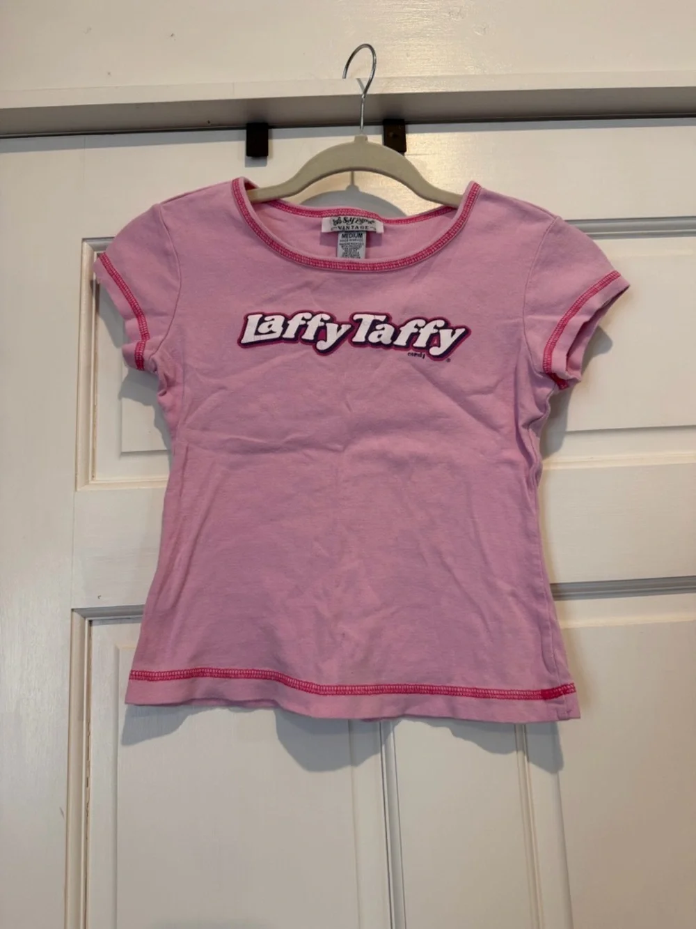 Y2K Vintage Pink Laffy Taffy Logo Short Sleeve Top Baby Tee - Picture 1 of 4